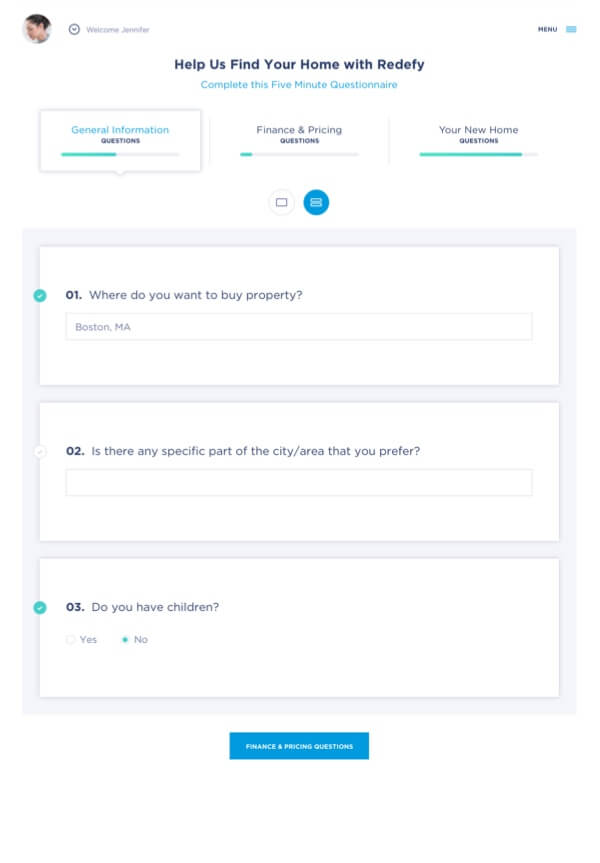 Screenshot of Redefy user portal - Questionnaire page